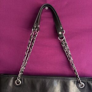 DKNY Black Leather Chain Strap Shoulder Tote Bag Silver Hardware